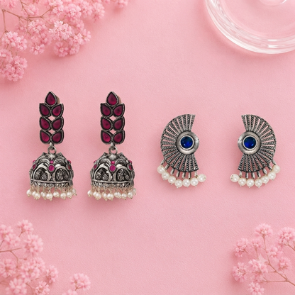 Leaf Cascade jhumki earrings (Red) Bloom Arc pearl stud earring (Blue) Combo set