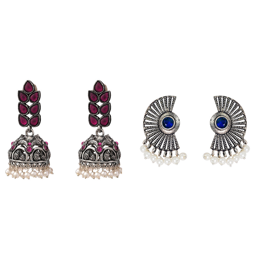 Leaf Cascade jhumki earrings (Red) Bloom Arc pearl stud earring (Blue) Combo set