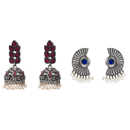Leaf Cascade jhumki earrings (Red) Bloom Arc pearl stud earring (Blue) Combo set