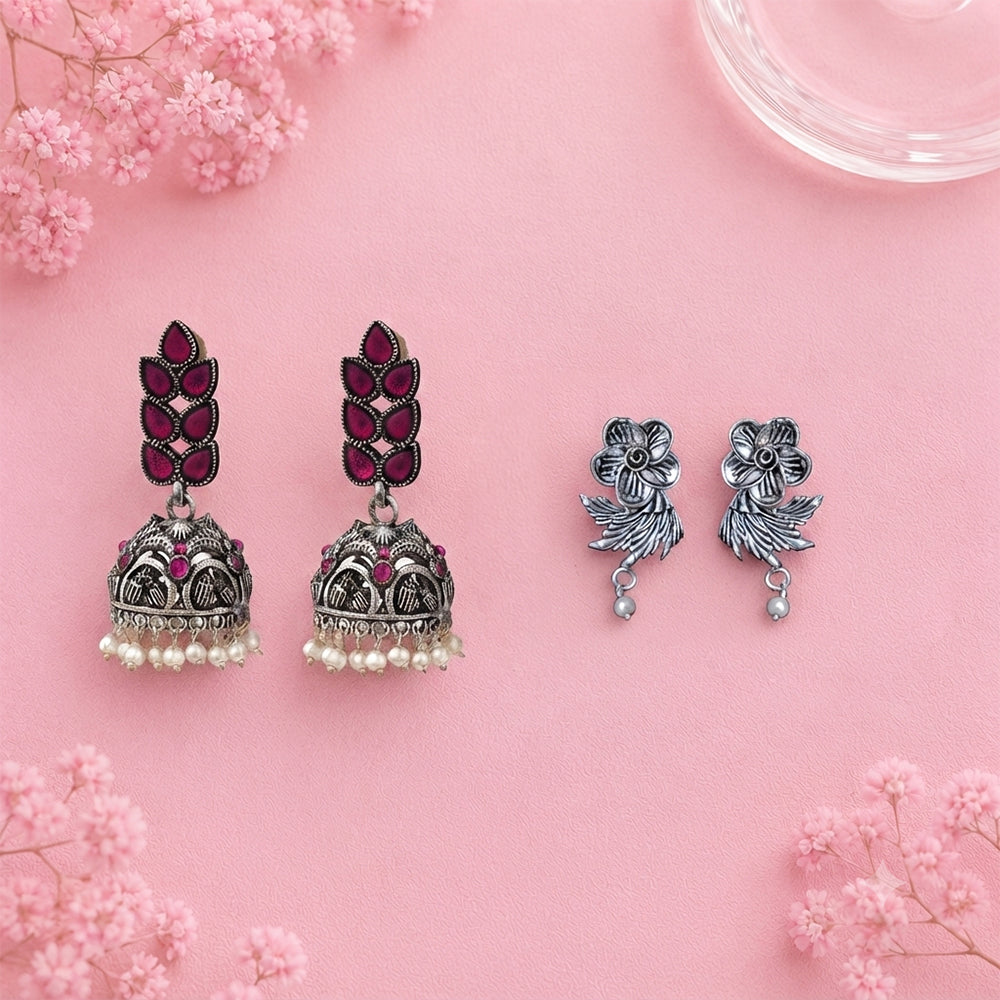 Leaf Cascade jhumki earrings (Red) Floral Swirl stud earrings (Silver) Combo set