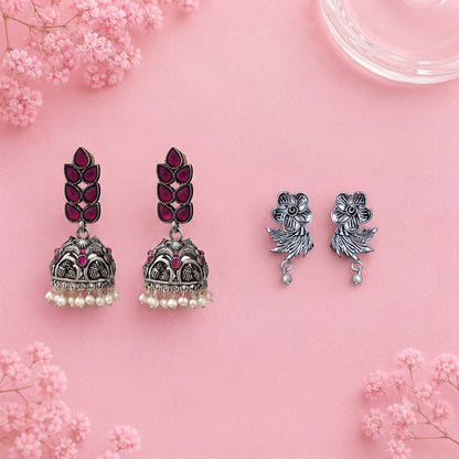 Leaf Cascade jhumki earrings (Red) Floral Swirl stud earrings (Silver) Combo set