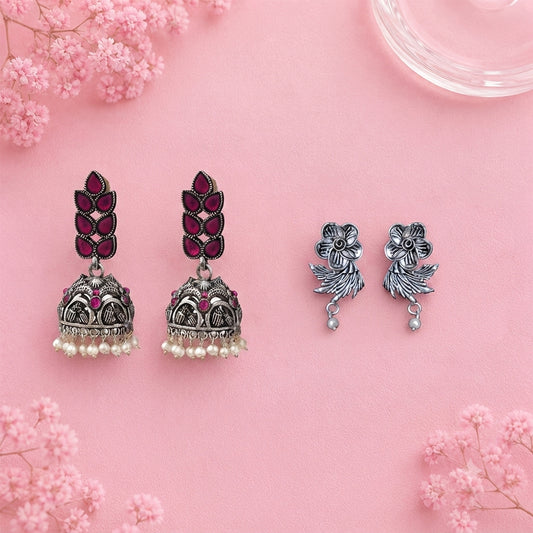 Leaf Cascade jhumki earrings (Red) Floral Swirl stud earrings (Silver) Combo set