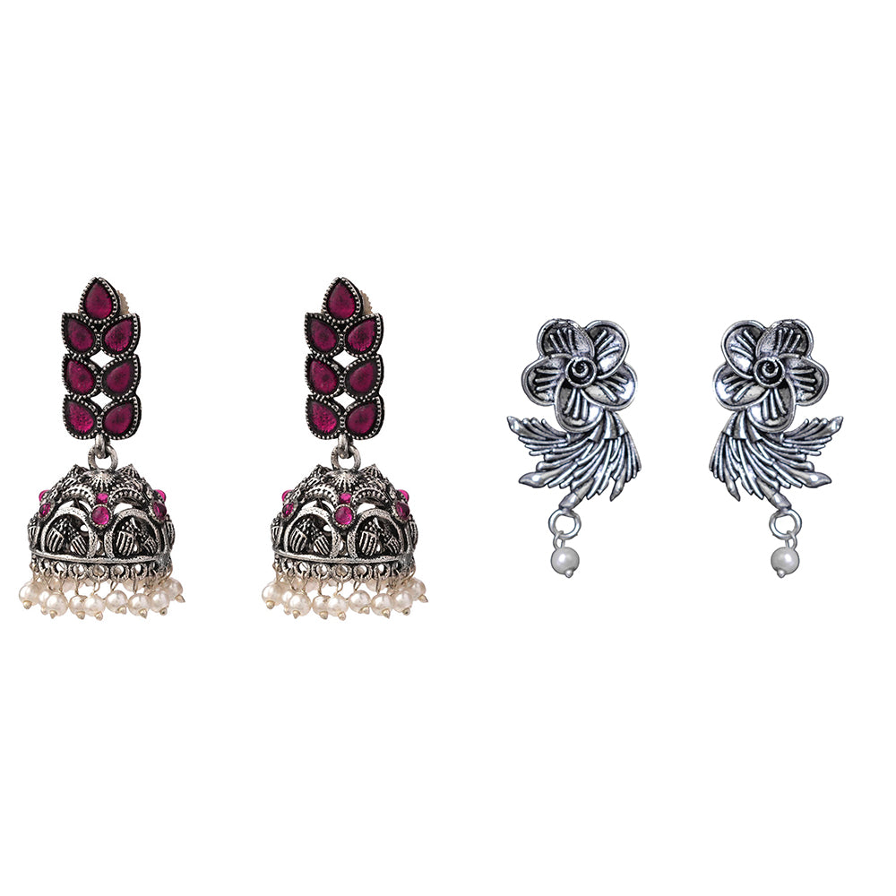 Leaf Cascade jhumki earrings (Red) Floral Swirl stud earrings (Silver) Combo set