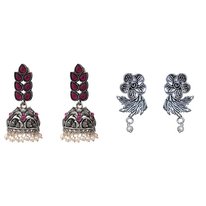 Leaf Cascade jhumki earrings (Red) Floral Swirl stud earrings (Silver) Combo set