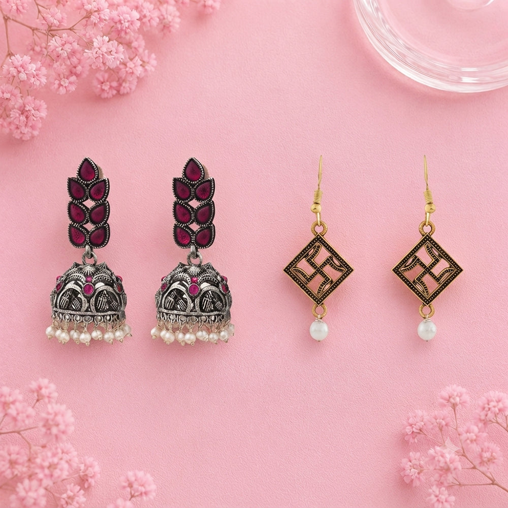 Leaf Cascade jhumki earrings (Red) Swastik shaped dangler earrings Combo set