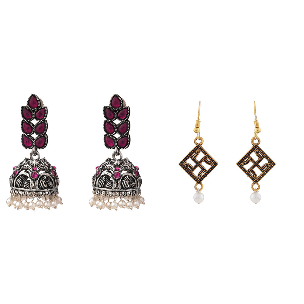 Leaf Cascade jhumki earrings (Red) Swastik shaped dangler earrings Combo set