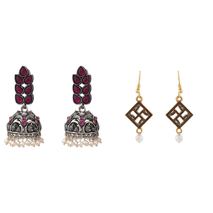 Leaf Cascade jhumki earrings (Red) Swastik shaped dangler earrings Combo set