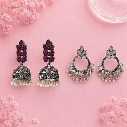 Leaf Cascade jhumki earrings (Red) Fine Shine stud earrings (Baby Pink) Combo set