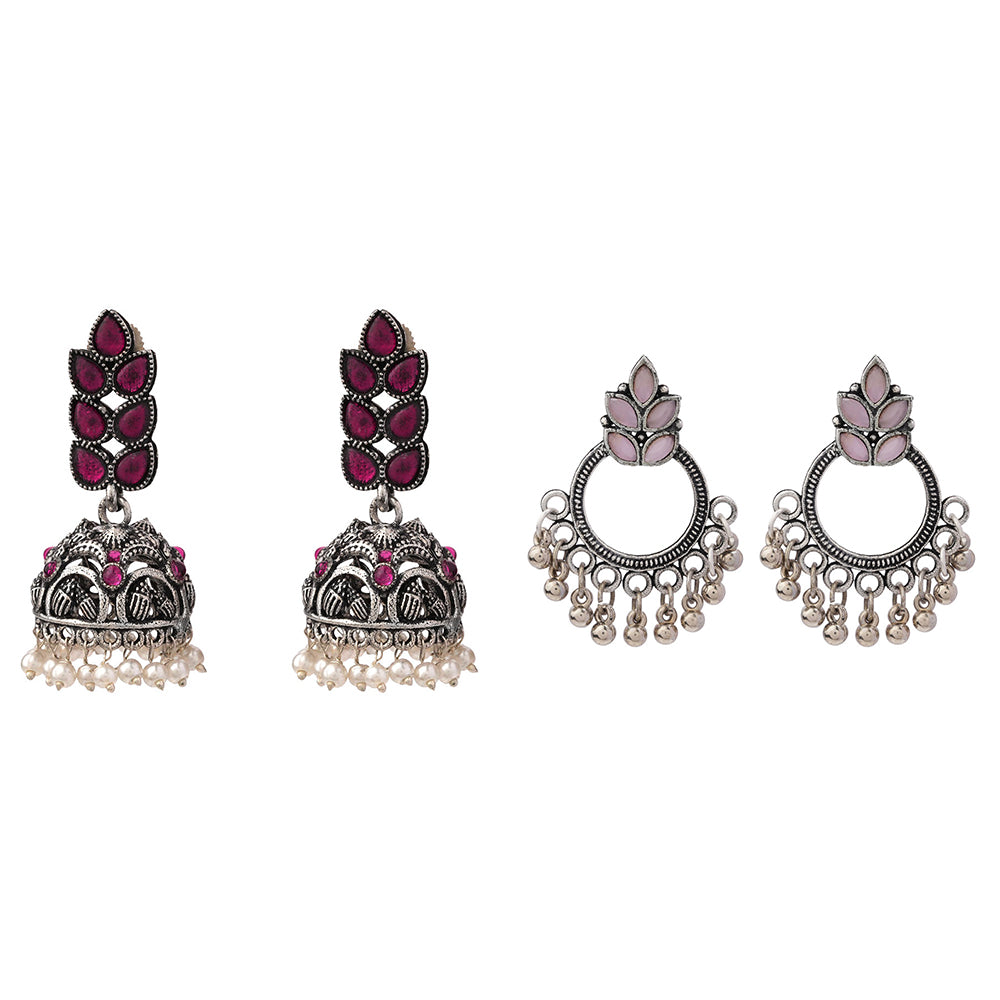 Leaf Cascade jhumki earrings (Red) Fine Shine stud earrings (Baby Pink) Combo set