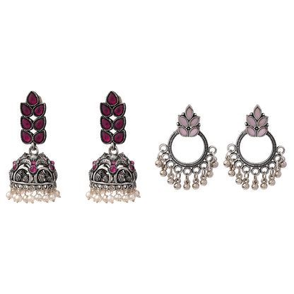 Leaf Cascade jhumki earrings (Red) Fine Shine stud earrings (Baby Pink) Combo set