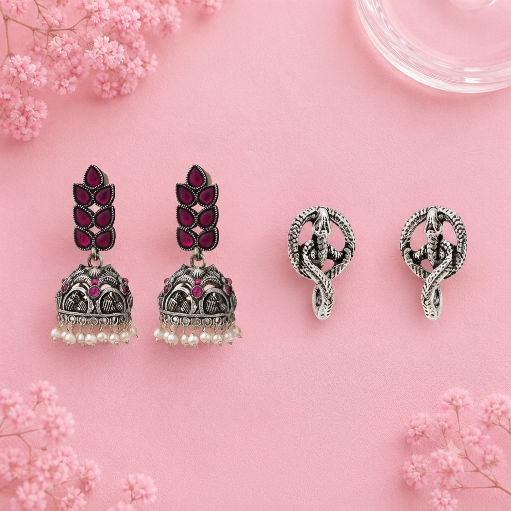 Leaf Cascade jhumki earrings (Red) Swirly snake oxidised stud earrings (Silver) Combo set