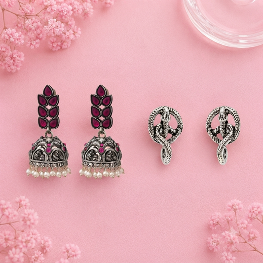 Leaf Cascade jhumki earrings (Red) Swirly snake oxidised stud earrings (Silver) Combo set