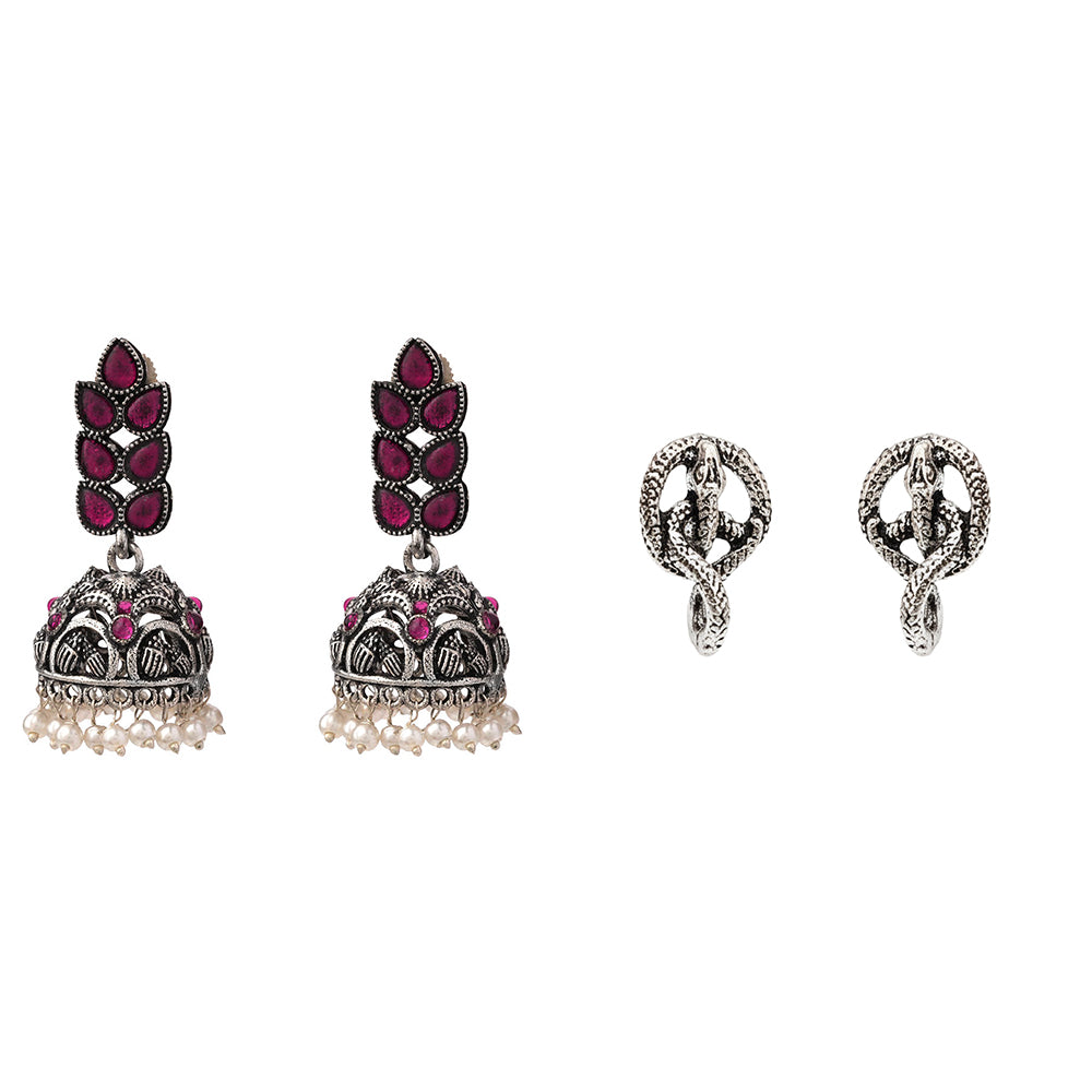 Leaf Cascade jhumki earrings (Red) Swirly snake oxidised stud earrings (Silver) Combo set