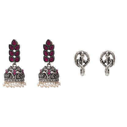 Leaf Cascade jhumki earrings (Red) Swirly snake oxidised stud earrings (Silver) Combo set