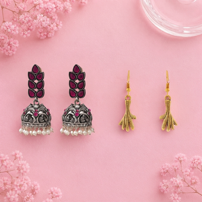 Leaf Cascade jhumki earrings (Red) Talon twist dangler earrings Combo set