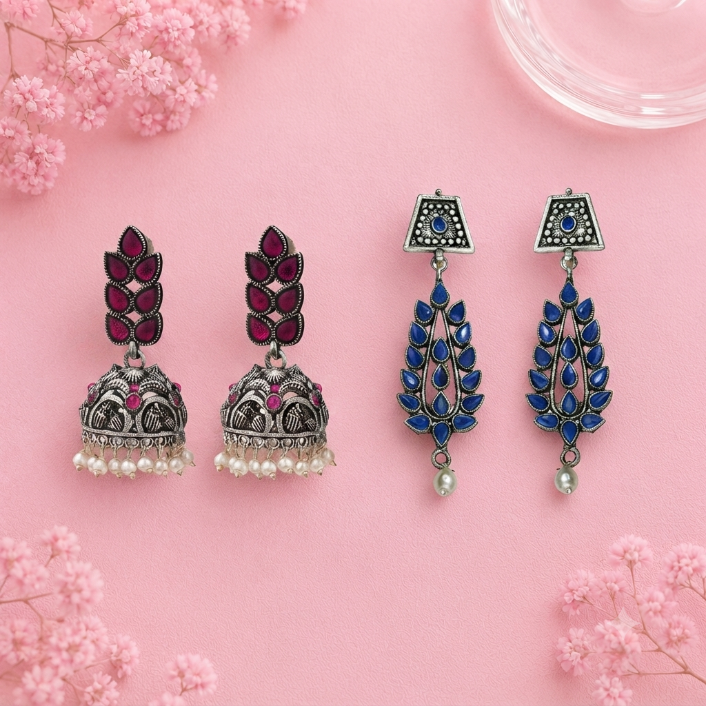 Leaf Cascade jhumki earrings (Red) Precious Petal stone studded dangler earring (Blue) Combo set