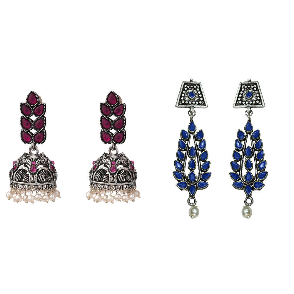 Leaf Cascade jhumki earrings (Red) Precious Petal stone studded dangler earring (Blue) Combo set