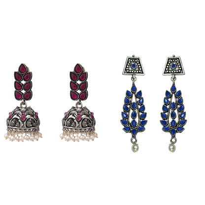 Leaf Cascade jhumki earrings (Red) Precious Petal stone studded dangler earring (Blue) Combo set
