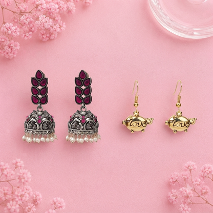 Leaf Cascade jhumki earrings (Red) Treasure oink dangler earrings Combo set