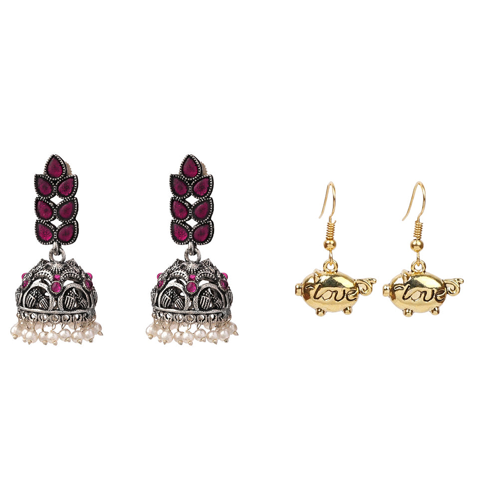 Leaf Cascade jhumki earrings (Red) Treasure oink dangler earrings Combo set