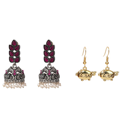 Leaf Cascade jhumki earrings (Red) Treasure oink dangler earrings Combo set