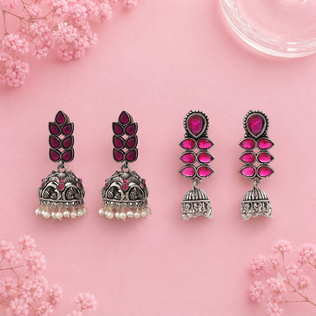 Leaf Cascade jhumki earrings (Red) Dazzle Dash Jhumki earring (Red) Combo set