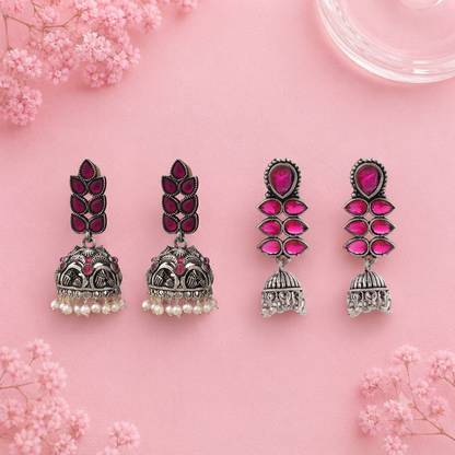 Leaf Cascade jhumki earrings (Red) Dazzle Dash Jhumki earring (Red) Combo set