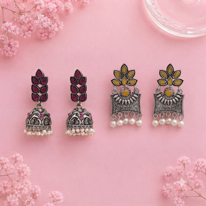 Leaf Cascade jhumki earrings (Red) Flora-Aura stone studded dangler earrings (Yellow) Combo set