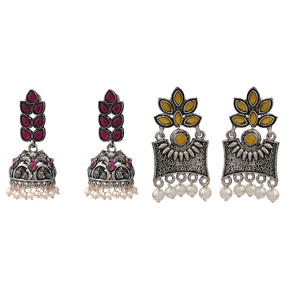 Leaf Cascade jhumki earrings (Red) Flora-Aura stone studded dangler earrings (Yellow) Combo set