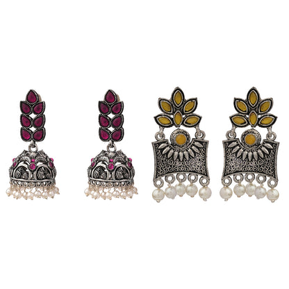 Leaf Cascade jhumki earrings (Red) Flora-Aura stone studded dangler earrings (Yellow) Combo set