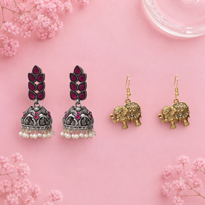 Leaf Cascade jhumki earrings (Red) Trunk twist dangler earrings Combo set