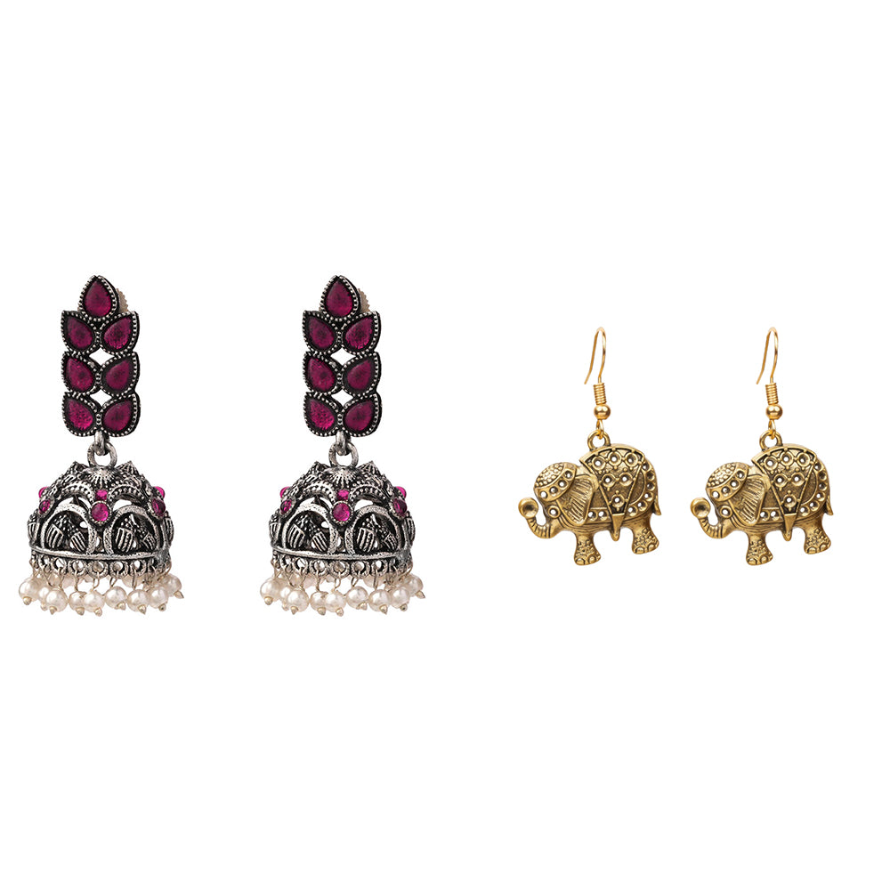 Leaf Cascade jhumki earrings (Red) Trunk twist dangler earrings Combo set