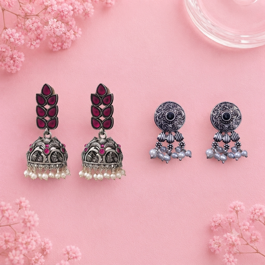 Leaf Cascade jhumki earrings (Red) Button rays stud earring (Black) Combo set
