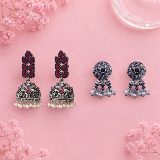 Leaf Cascade jhumki earrings (Red) Button rays stud earring (Black) Combo set
