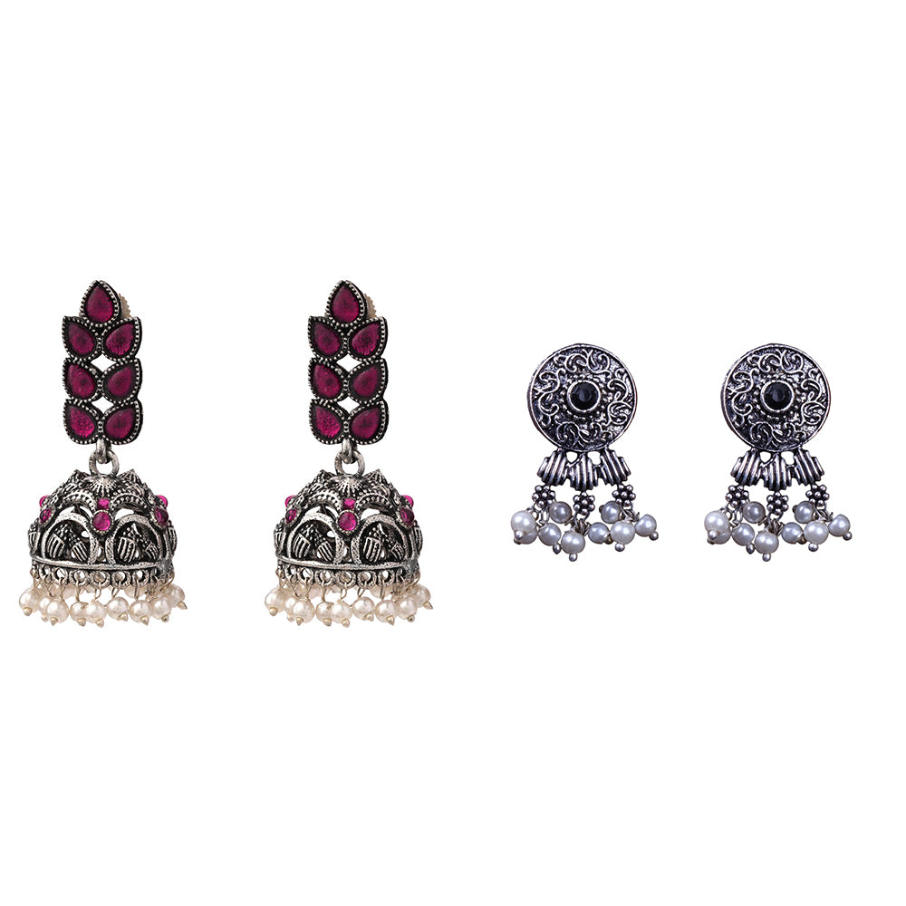 Leaf Cascade jhumki earrings (Red) Button rays stud earring (Black) Combo set