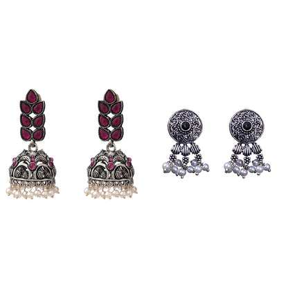 Leaf Cascade jhumki earrings (Red) Button rays stud earring (Black) Combo set