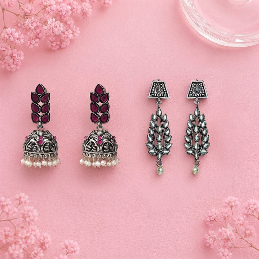Leaf Cascade jhumki earrings (Red) Precious Petal stone studded dangler earring (White) Combo set