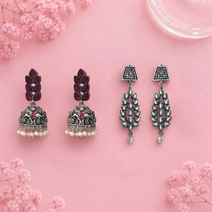 Leaf Cascade jhumki earrings (Red) Precious Petal stone studded dangler earring (White) Combo set