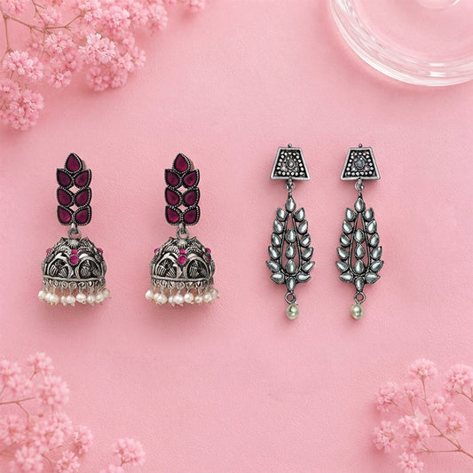 Leaf Cascade jhumki earrings (Red) Precious Petal stone studded dangler earring (White) Combo set