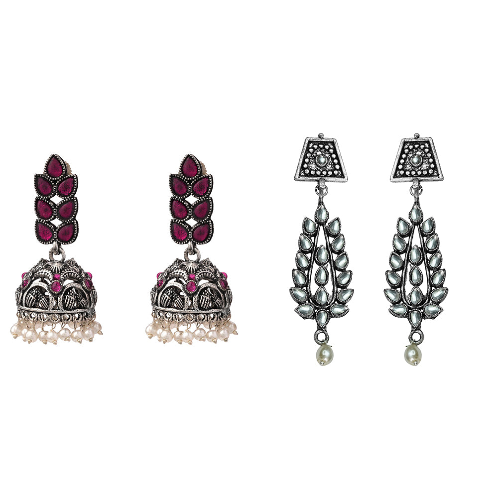 Leaf Cascade jhumki earrings (Red) Precious Petal stone studded dangler earring (White) Combo set