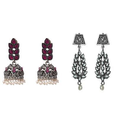Leaf Cascade jhumki earrings (Red) Precious Petal stone studded dangler earring (White) Combo set