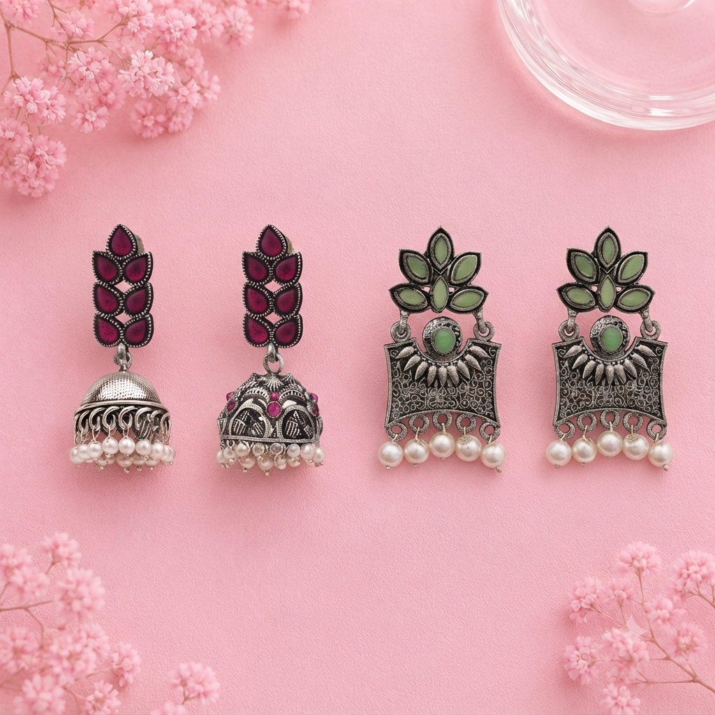Leaf Cascade jhumki earrings (Red) Flora-Aura stone studded dangler earrings (Pista) Combo set