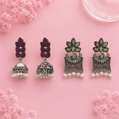 Leaf Cascade jhumki earrings (Red) Flora-Aura stone studded dangler earrings (Pista) Combo set