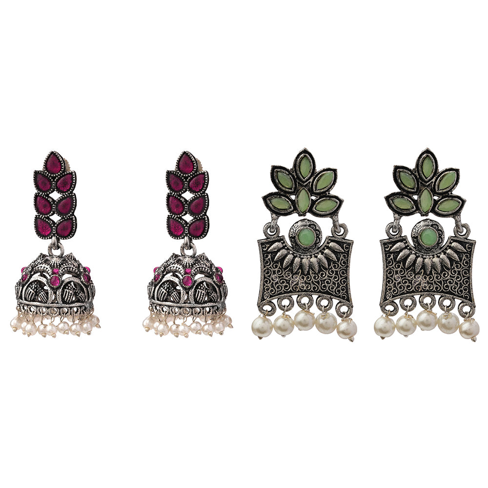 Leaf Cascade jhumki earrings (Red) Flora-Aura stone studded dangler earrings (Pista) Combo set