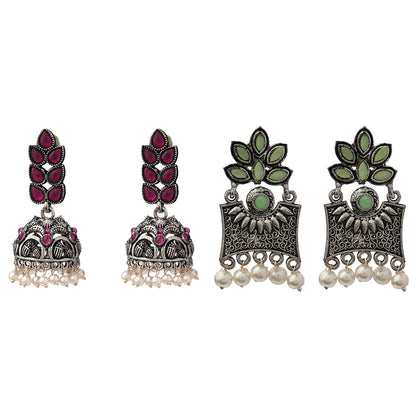 Leaf Cascade jhumki earrings (Red) Flora-Aura stone studded dangler earrings (Pista) Combo set