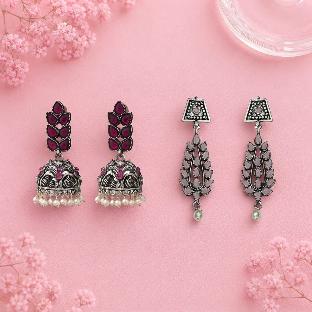 Leaf Cascade jhumki earrings (Red) Precious Petal stone studded dangler earring (Baby Pink) Combo set