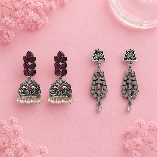 Leaf Cascade jhumki earrings (Red) Precious Petal stone studded dangler earring (Baby Pink) Combo set