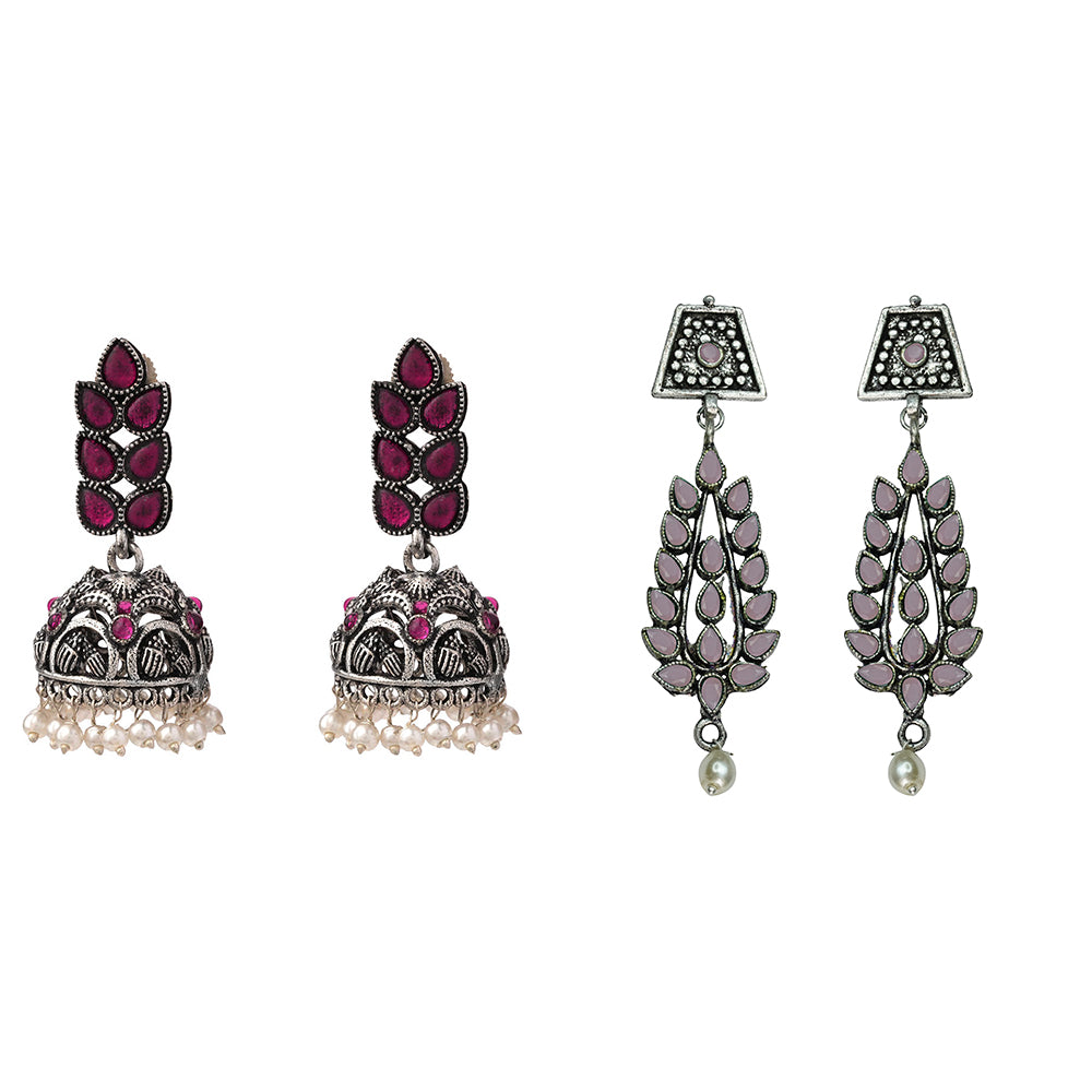 Leaf Cascade jhumki earrings (Red) Precious Petal stone studded dangler earring (Baby Pink) Combo set