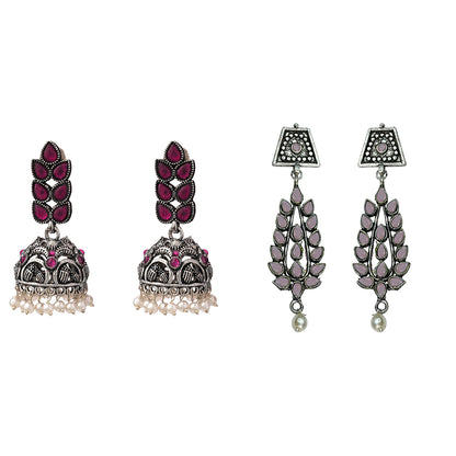 Leaf Cascade jhumki earrings (Red) Precious Petal stone studded dangler earring (Baby Pink) Combo set