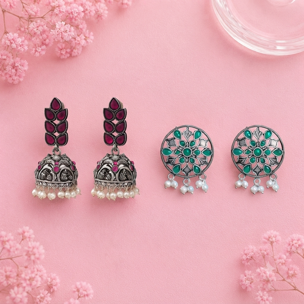 Leaf Cascade jhumki earrings (Red) Glass drops Dangler Earrings (Green) Combo set
